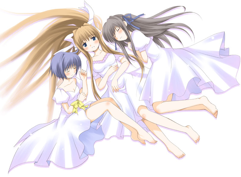 patoto, kamio misuzu, kirishima kano, toono minagi, air (visual novel), 00s, 3girls, barefoot, blue hair, bow, closed eyes, dress, feet, hair ribbon, long hair, lying, multiple girls, on back, on side, ribbon, sleeping, white dress