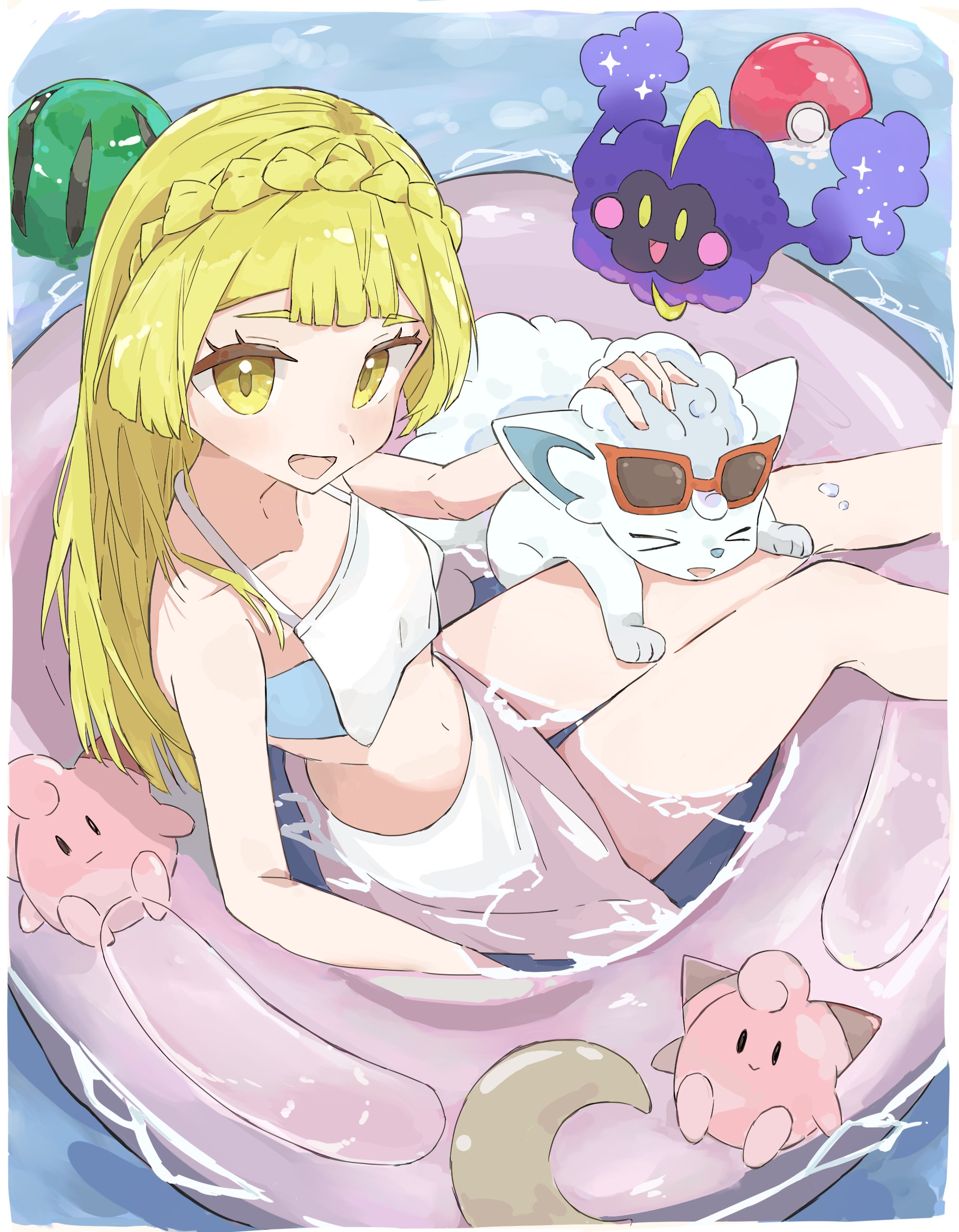 pokeseru, alolan vulpix, cleffa, cosmog, lillie (pokemon), nintendo, pokemon, pokemon sm, absurdres, highres, 1girl, alolan form, ball, bare shoulders, beachball, bikini, blonde hair, blunt bangs, blush, braid, breasts, character doll, closed eyes, collarbone, crown braid, doll, eyewear on head, food, fruit, gen 2 pokemon, gen 7 pokemon, green eyes, innertube, legendary pokemon, long hair, looking at viewer, midriff, navel, open mouth, poke ball, poke ball (basic), pokemon (creature), smile, stuffed toy, sunglasses, swim ring, swimsuit, water, watermelon, white bikini