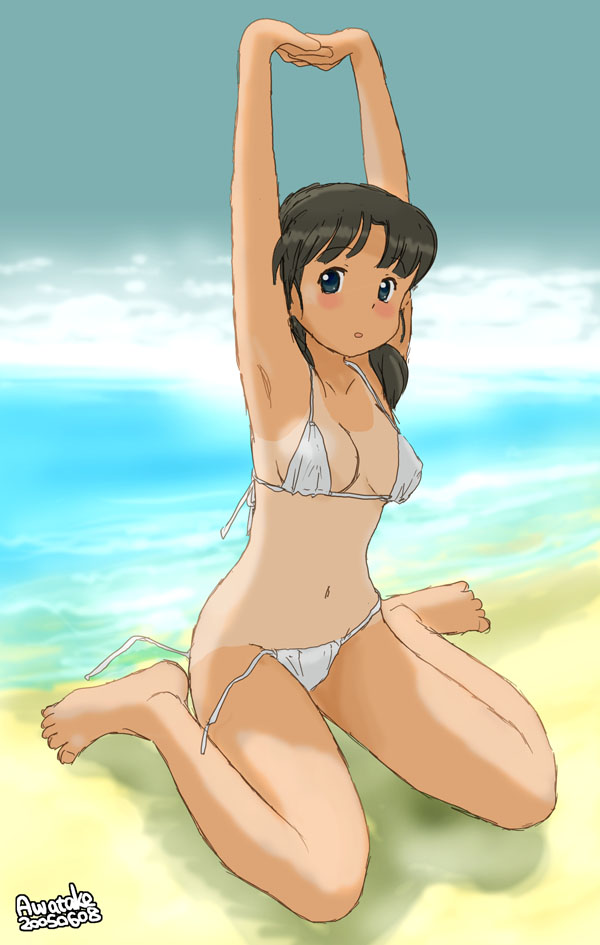 awatake takahiro, original, 00s, 1girl, 2005, armpits, arms up, artist name, beach, bikini, black hair, blue eyes, breasts, brown hair, cloud, dated, day, female focus, kneeling, looking at viewer, low twintails, medium breasts, navel, ocean, one-piece tan, outdoors, side-tie bikini bottom, sideboob, signature, sitting, sky, solo, string bikini, swimsuit, tan, tanline, twintails, untied bikini, wariza, white bikini