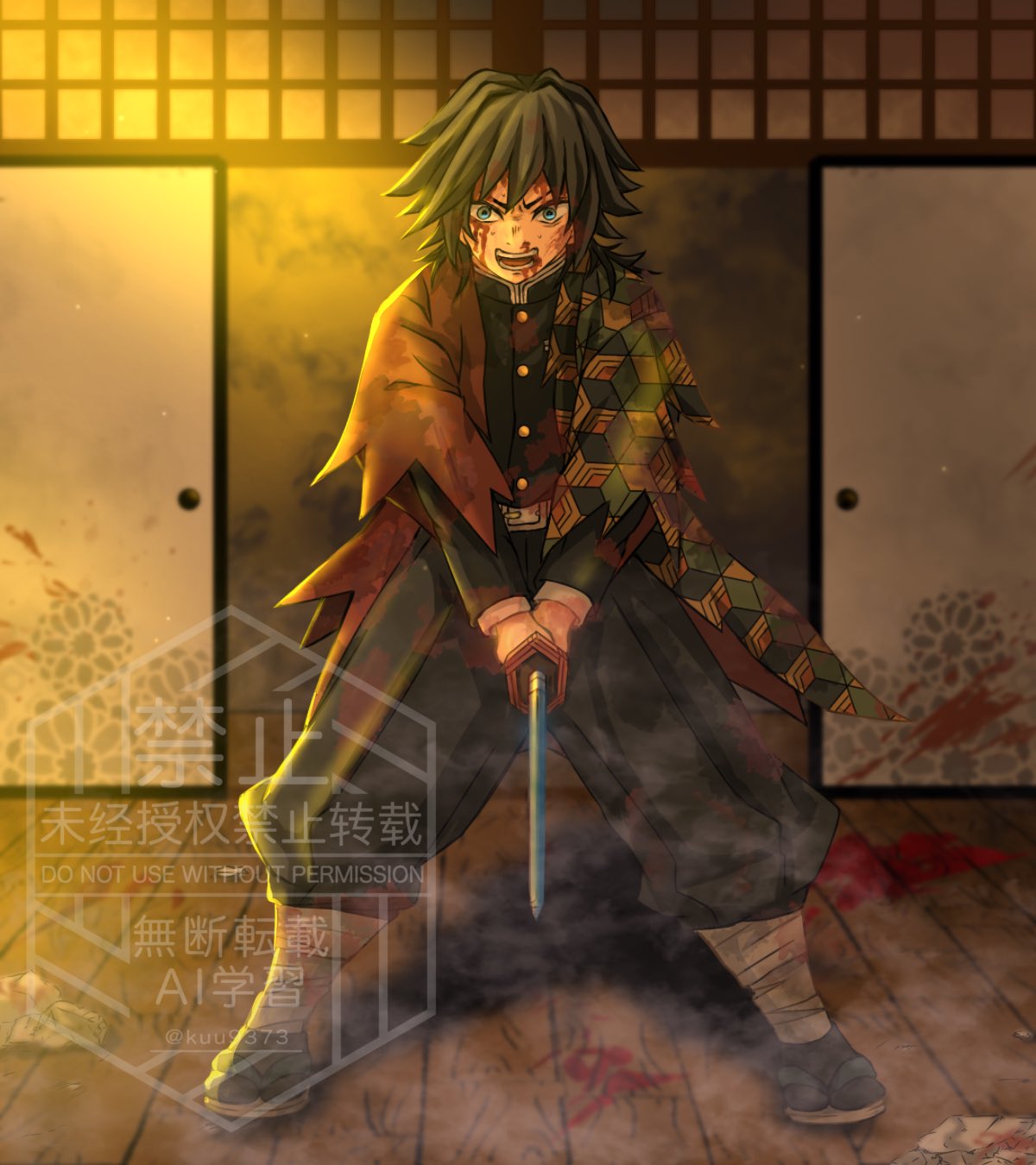 tomioka giyuu, kimetsu no yaiba, highres, 1boy, belt, black hair, black jacket, black pants, black socks, blood, buttons, full body, haori, holding, holding sword, holding weapon, indoors, jacket, japanese clothes, katana, kuu9373, legs apart, looking at viewer, low ponytail, male focus, open mouth, pants, ponytail, print haori, red haori, sandals, socks, solo, spiked hair, sword, teeth, weapon, white belt