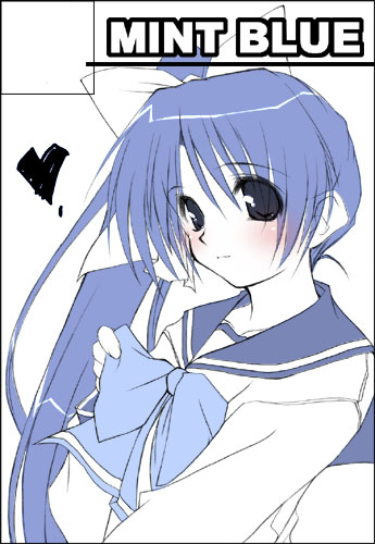 moyuru, itou noemi, comiket 68, with you, lowres, 00s, 1girl, blue bow, blue bowtie, blue hair, blue theme, blush, bow, bowtie, c68, circle cut, eyes visible through hair, female focus, from side, heart, high side ponytail, long hair, monochrome, school uniform, serafuku, side ponytail, simple background, solo, very long hair