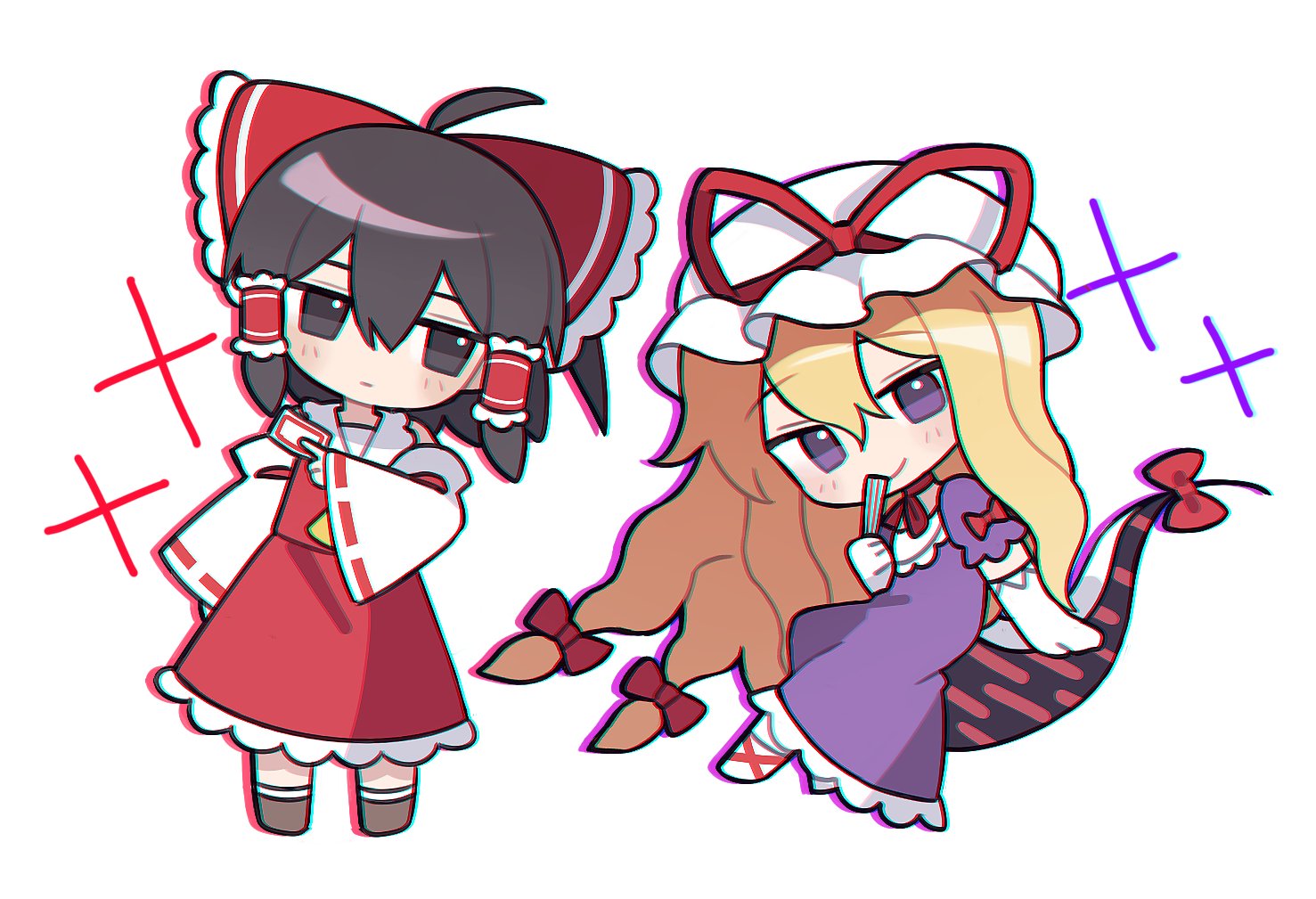 soooooook2, hakurei reimu, yakumo yukari, touhou, 2girls, ascot, bare shoulders, black eyes, black hair, blonde hair, blush, bow, brown shoes, chibi, choker, closed mouth, detached sleeves, dress, elbow gloves, expressionless, fan to mouth, folded fan, folding fan, frills, full body, gap (touhou), gloves, hair ribbon, hair tubes, hand fan, hat, holding, holding fan, long hair, looking at viewer, medium hair, mob cap, multiple girls, purple dress, purple eyes, red bow, red shirt, red skirt, ribbon, ribbon choker, shirt, shoes, short sleeves, skirt, sleeveless, sleeveless shirt, smile, socks, very long hair, white background, white gloves, white socks, yellow ascot