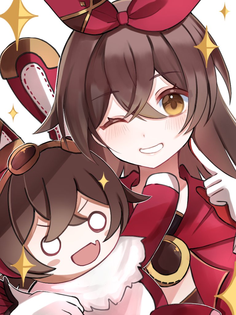 amber (genshin impact), baron bunny (genshin impact), genshin impact, 1girl, brown eyes, brown hair, doll, hair ribbon, jacket, long hair, looking at viewer, motinotawagoto, one eye closed, parted lips, red jacket, red ribbon, ribbon, solo, upper body