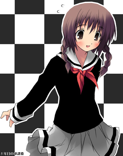 kantoku, shimazu yoshino, maria-sama ga miteru, 00s, 1girl, braid, brown hair, checkered background, female focus, hair over shoulder, long sleeves, pleated skirt, school uniform, serafuku, skirt, solo, twin braids