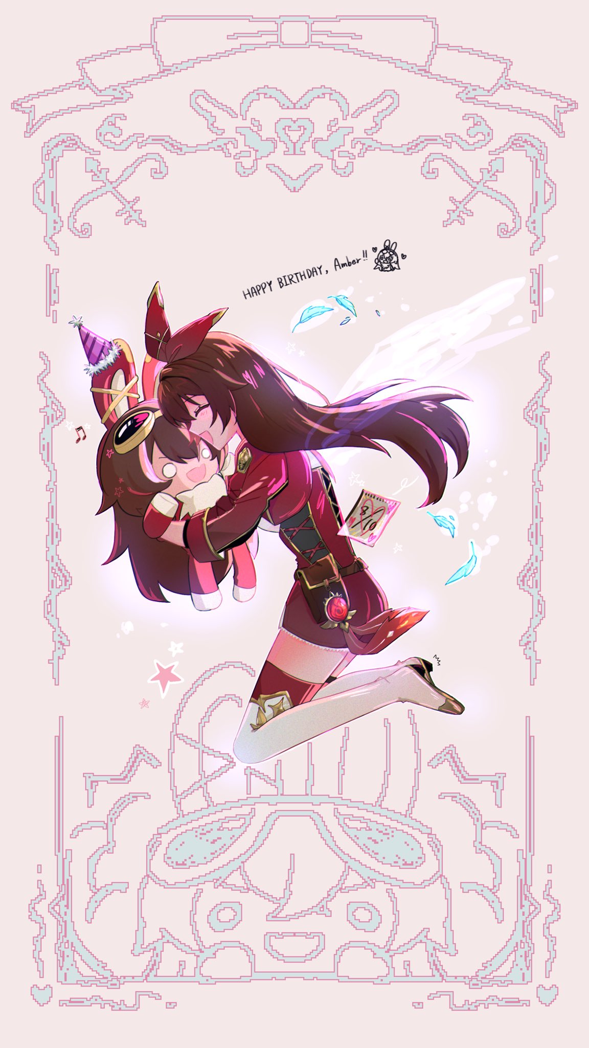 amber (genshin impact), baron bunny (genshin impact), genshin impact, highres, 1girl, awamis2bu, brown eyes, brown hair, character name, cropped jacket, doll, hair ribbon, happy birthday, hugging doll, hugging object, jacket, long hair, red jacket, red ribbon, red shorts, ribbon, shorts, solo, thighhighs, vision (genshin impact), white thighhighs