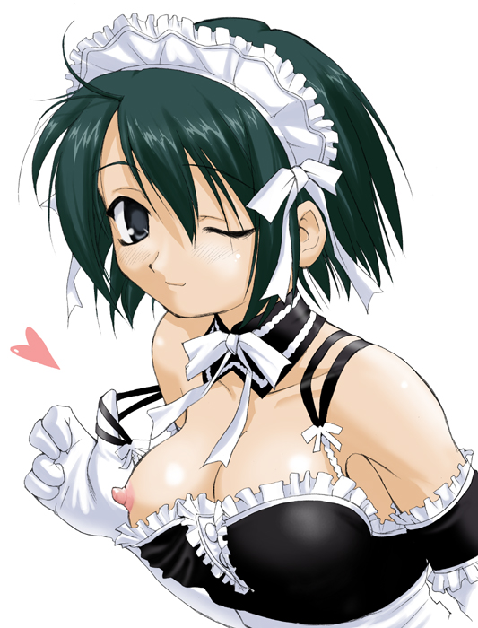 tk (takotsuboya), sawatari izumi, kore ga watashi no goshujin-sama, self exposure, 00s, 1girl, ahoge, apron, arm garter, bare shoulders, black eyes, black hair, bow, bowtie, breasts, choker, detached collar, elbow gloves, female focus, gloves, heart, large breasts, looking at viewer, maid, maid headdress, medium breasts, nakabayashi yoshitaka's maid uniform, nipple slip, nipples, no bra, one eye closed, short hair, simple background, solo, upper body, waist apron, white background, white bow, white bowtie, white gloves, wink