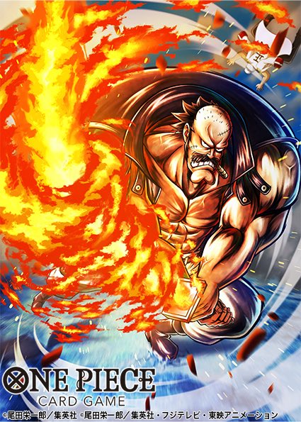 motiusa 00, fossa (one piece), marine (one piece), one piece, one piece card game, commentary request, official art, 2boys, attack, cigar, clenched teeth, copyright name, facial hair, fire, holding, holding sword, holding weapon, looking at viewer, male focus, multiple boys, mustache, stitched face, stitches, sword, teeth, vest, weapon