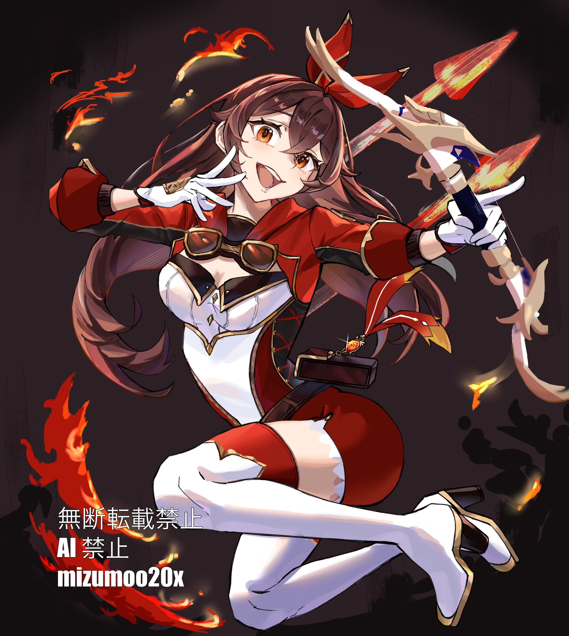 amber (genshin impact), genshin impact, highres, 1girl, amber (100 outrider) (genshin impact), artist name, bow (weapon), brown eyes, brown hair, cropped jacket, gloves, goggles, goggles around neck, hair ribbon, holding, holding bow (weapon), holding weapon, jacket, long hair, looking at viewer, mizumoo20x, open mouth, red jacket, red ribbon, red shorts, ribbon, shorts, solo, thighhighs, weapon, white gloves, white thighhighs