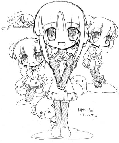 kouzuki tomoru, himeyuri ruri, himeyuri sango, ilfa (to heart), multi (to heart), to heart, to heart (series), to heart 2, lowres, > <, 00s, 4girls, :<, :d, ^^^, bird, blush, bow, character name, chibi, chibi inset, closed eyes, double bun, flying sweatdrops, full body, greyscale, hair bun, heart, long sleeves, looking at viewer, monochrome, multiple girls, neck ribbon, o o, open mouth, penguin, pleated skirt, ribbon, robot ears, school uniform, serafuku, shirt, short hair, siblings, sisters, skirt, sleeves past wrists, smile, standing, stuffed animal, stuffed toy, teddy bear, thighhighs, twins, v arms, zettai ryouiki