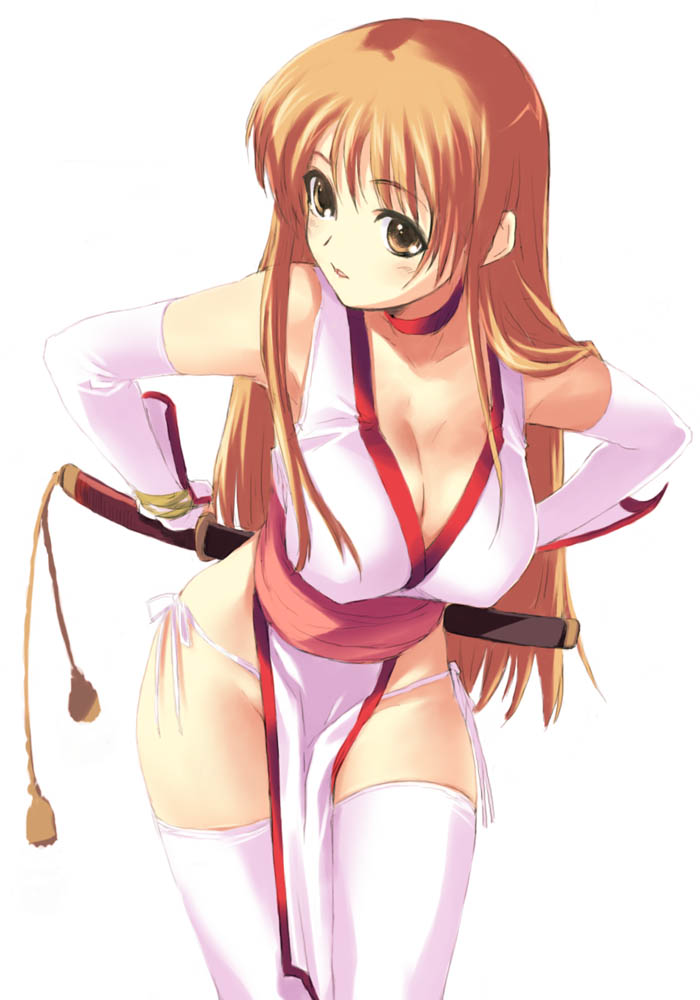 kawata hisashi, kasumi (doa), dead or alive, tecmo, 1girl, arms behind back, breasts, brown eyes, brown hair, choker, cleavage, elbow gloves, female focus, gloves, hanging breasts, large breasts, leaning forward, long hair, ninja, panties, parted lips, pelvic curtain, side-tie panties, simple background, solo, standing, sword, thighhighs, underwear, weapon, white background, white gloves, white panties, white thighhighs