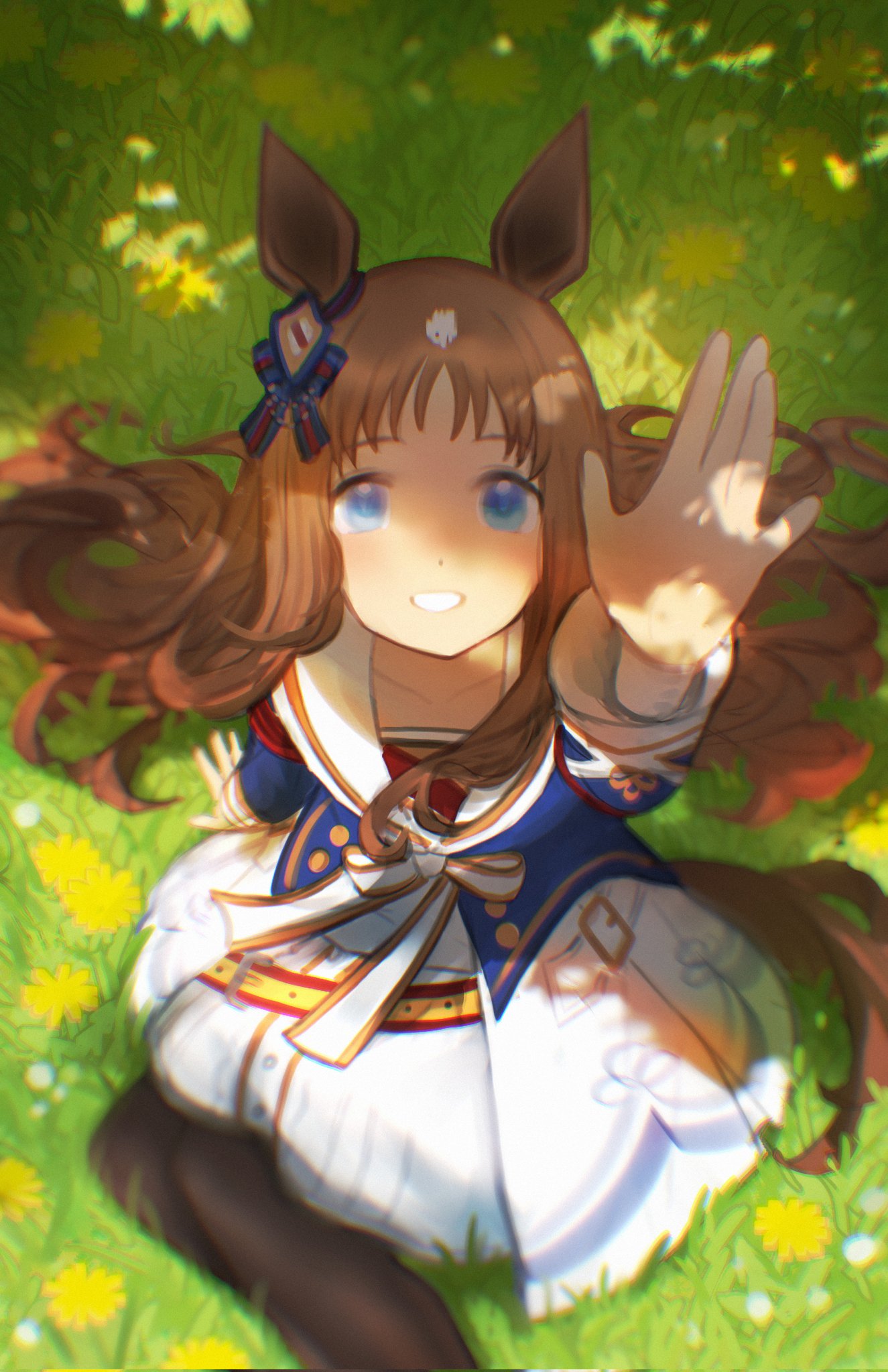 martypcsr, grass wonder (umamusume), umamusume, highres, 1girl, animal ears, armband, black pantyhose, blue eyes, blue jacket, blush, bow, brown hair, dandelion, dappled sunlight, dress, ear bow, ear ornament, ear ribbon, field, flower, grass, horse ears, horse girl, horse tail, jacket, long hair, long sleeves, looking at viewer, multicolored hair, open mouth, outdoors, pantyhose, red armband, sailor collar, shadow, smile, solo, sunlight, tail, teeth, white dress, white hair, white sailor collar