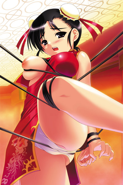 yameta takashi, original, character request, source request, 1girl, bdsm, bondage, bound, bound wrists, breasts, bun cover, china dress, chinese clothes, crotch rope, crotch rope pull, double bun, dress, female focus, hair bun, nipples, panties, rope, rope walking, shibari, solo, underwear, wedgie, white panties