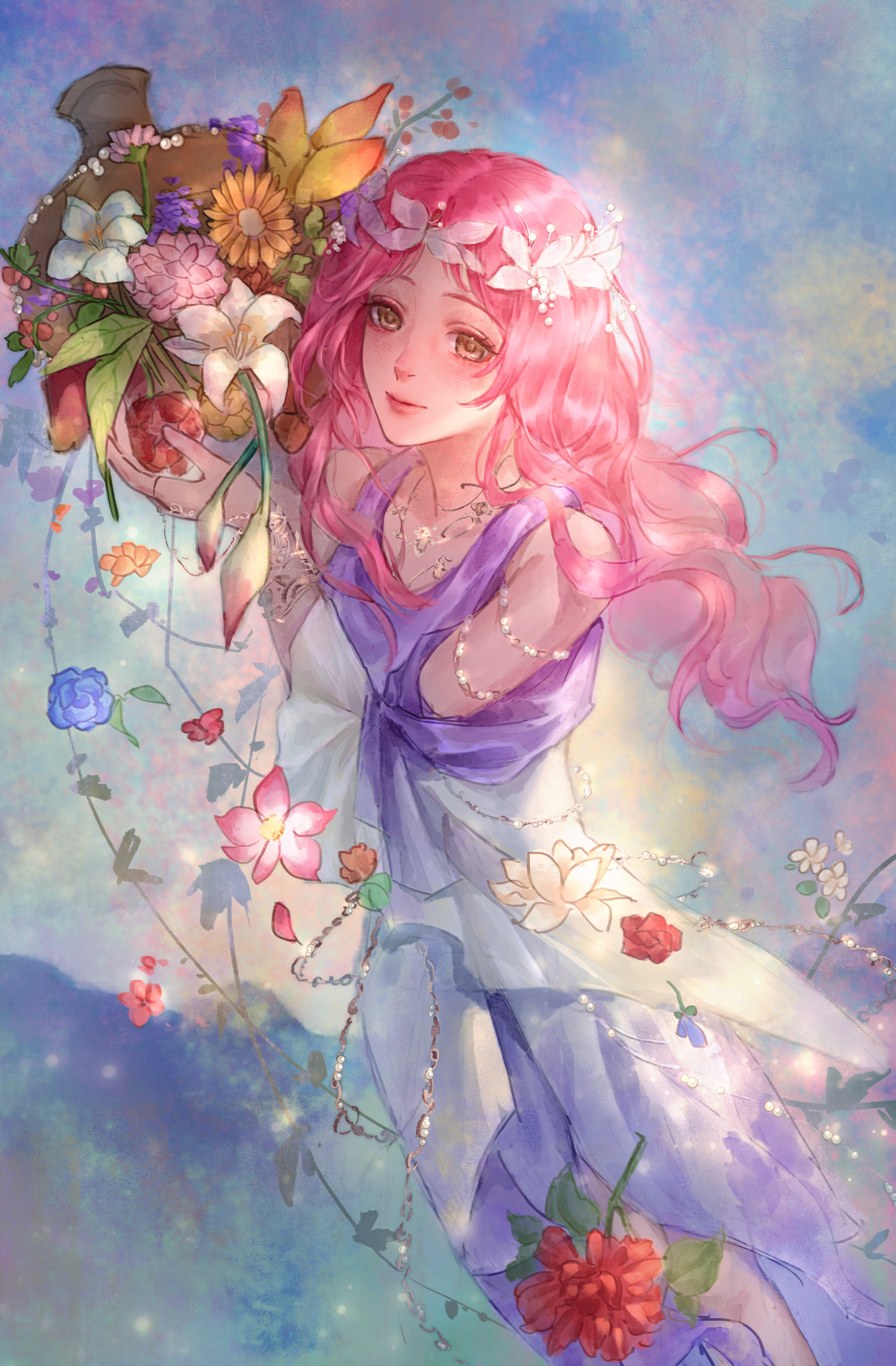 sea0, nikki (nikki), infinity nikki, nikki (series), gold armlet, absurdres, chinese commentary, commentary request, highres, 1girl, blue flower, blue rose, blue sky, bouquet, brown eyes, bud, carnation, closed mouth, cloud, day, detached sleeves, dress, eyelashes, feet out of frame, flower, glowing, gold necklace, greco-roman clothes, happy, head wreath, holding, holding bouquet, jewelry, light particles, lily (flower), lipstick, long dress, long hair, long sleeves, makeup, mountainous horizon, necklace, outdoors, pink flower, pink hair, pink lips, purple dress, red flower, rose, sky, sleeveless, sleeveless dress, smile, solo, sunflower, wavy hair, white flower, white sleeves, wide sleeves, yellow flower