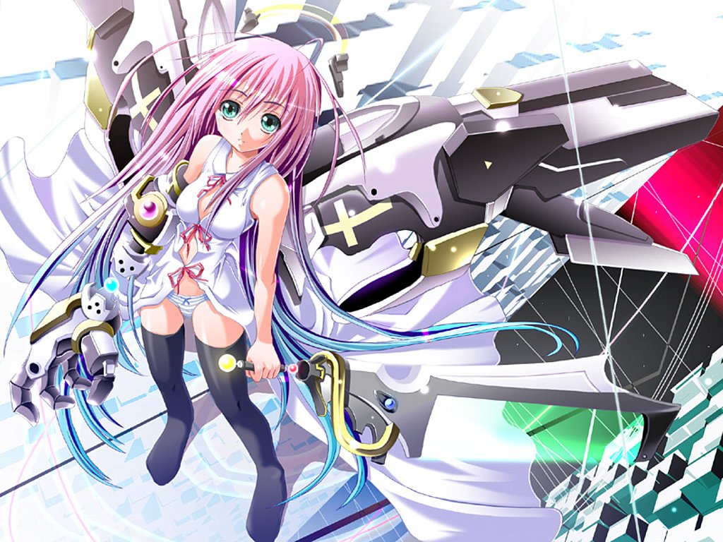 yokoyama naoki, original, artist request, md5 mismatch, aqua eyes, black thighhighs, blue panties, bow, bow panties, mecha musume, panties, pink hair, striped clothes, striped panties, thighhighs, underwear