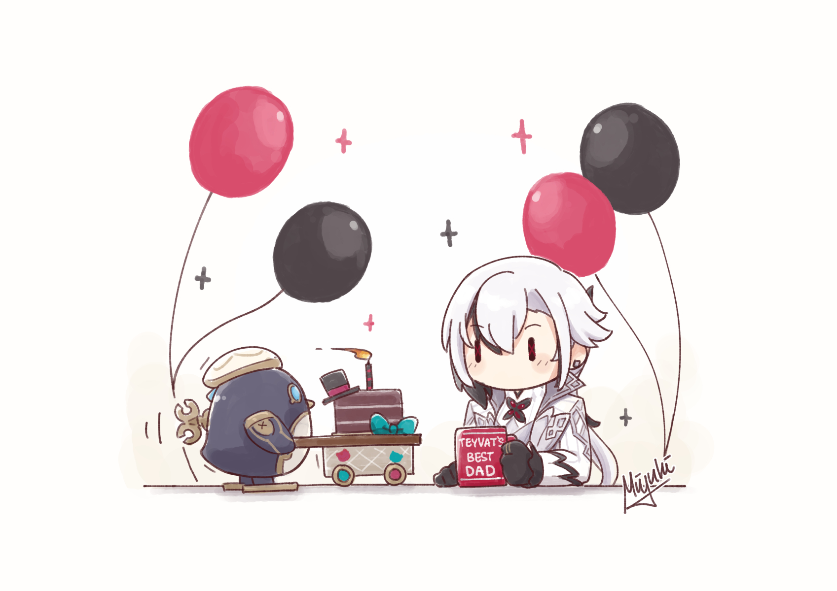 miyuki yoshiharu, arlecchino (genshin impact), genshin impact, highres, 1girl, artist name, balloon, black eyes, black hair, black hands, black skin, blush stickers, cake, candle, chibi, chibi only, coat, colored extremities, colored skin, cup, earrings, food, grey hair, hair between eyes, jewelry, long hair, long sleeves, multicolored hair, multicolored skin, print cup, red pupils, ring, robot, symbol-shaped pupils, two-tone hair, two-tone skin, x-shaped pupils