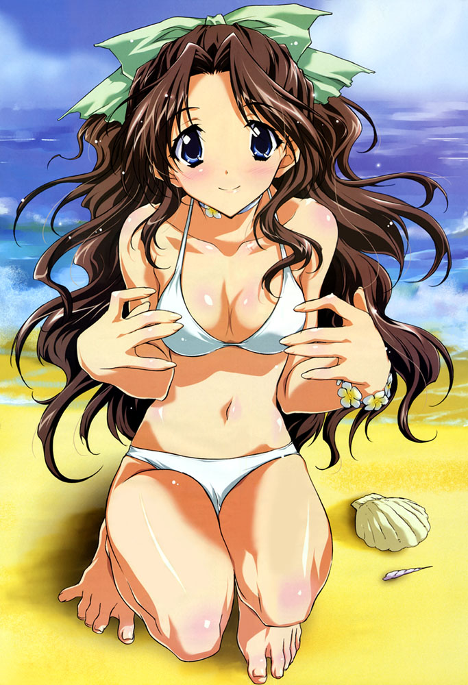kadoi aya, kurashima tomoyasu, shirai yuuri, kakyuusei (series), kakyuusei 2, 1girl, bad anatomy, barefoot, beach, bikini, blue eyes, blush, breasts, brown hair, choker, cleavage, cloud, day, feet, female focus, long hair, medium breasts, outdoors, seashell, shell, shells, sky, solo, spread toes, swimsuit, toes