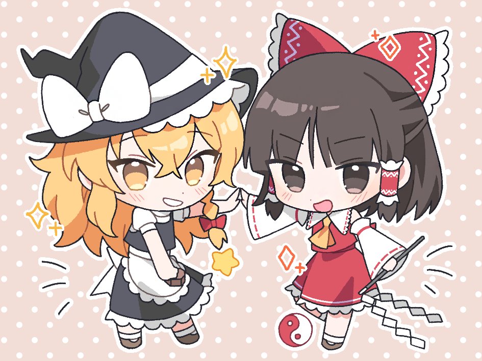 soooooook2, hakurei reimu, kirisame marisa, touhou, 2girls, apron, ascot, bare shoulders, black skirt, black vest, blonde hair, blush, bow, braid, brown eyes, brown hair, brown shoes, chibi, detached sleeves, frills, full body, gohei, grin, hair between eyes, hair ribbon, hair tubes, hat, holding, holding gohei, long hair, looking at viewer, medium hair, mini-hakkero, multiple girls, open mouth, orb, red bow, red shirt, red skirt, ribbon, shirt, shoes, short sleeves, skirt, sleeveless, sleeveless shirt, smile, socks, teeth, vest, white shirt, white socks, witch hat, yellow ascot, yellow eyes, yin yang, yin yang orb