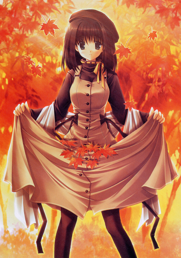 ikegami akane, mitsumi misato, hasebe aya, comic party, 00s, 1girl, autumn, beret, brown hair, clothes lift, dress, dress lift, female focus, green eyes, hat, leaf, orange theme, outdoors, pantyhose, ribbon, skirt, skirt basket, skirt hold, solo, standing