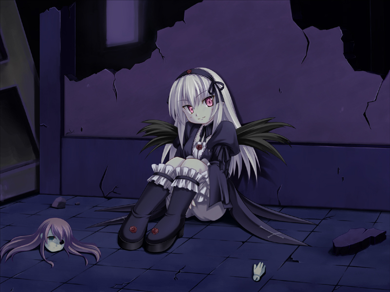 atsushima you, suigintou, rozen maiden, 00s, 1girl, cross, doll, female focus, frilled socks, frills, goth fashion, hairband, inverted cross, long hair, pink eyes, sitting, smile, socks, solo, white hair, wings