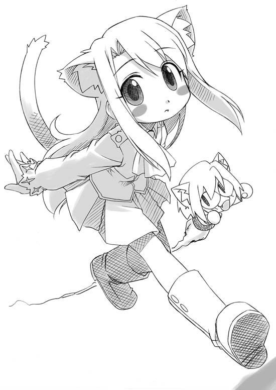 bakutendou, illyasviel von einzbern, neco-arc, fate/stay night, fate (series), 00s, 2girls, animal ears, blush stickers, cat ears, cat tail, fang, flying, greyscale, monochrome, multiple girls, open mouth, short hair, simple background, tail, walking