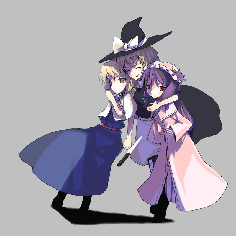 obscur, alice margatroid, kirisame marisa, patchouli knowledge, touhou, 3girls, arm around neck, blonde hair, bow, braid, broom, broom riding, closed eyes, dress, female focus, grey background, group hug, hairband, hat, hug, mob cap, multiple girls, purple hair, red eyes, shadow, simple background, single braid, smile, striped clothes, striped dress, witch, witch hat, yellow eyes