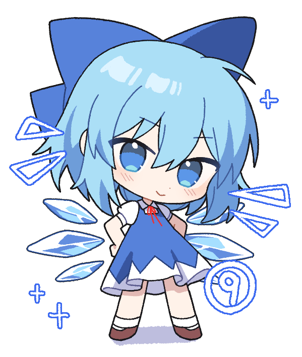 soooooook2, cirno, touhou, 1girl, blue bow, blue dress, blue eyes, blue hair, blush, bow, brown shoes, chibi, closed mouth, dress, fairy, full body, hair between eyes, hands on own hips, ice, ice wings, looking at viewer, medium hair, shoes, short sleeves, smile, socks, solo, white background, white sleeves, white socks, wings