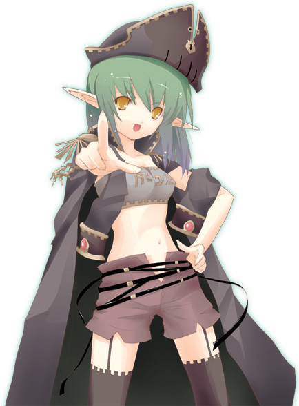dasoku sentarou, 1girl, black thighhighs, cape, elf, female focus, garter belt, green hair, midriff, navel, pirate, pointing, pointy ears, shorts, solo, suspenders, thighhighs, yellow eyes