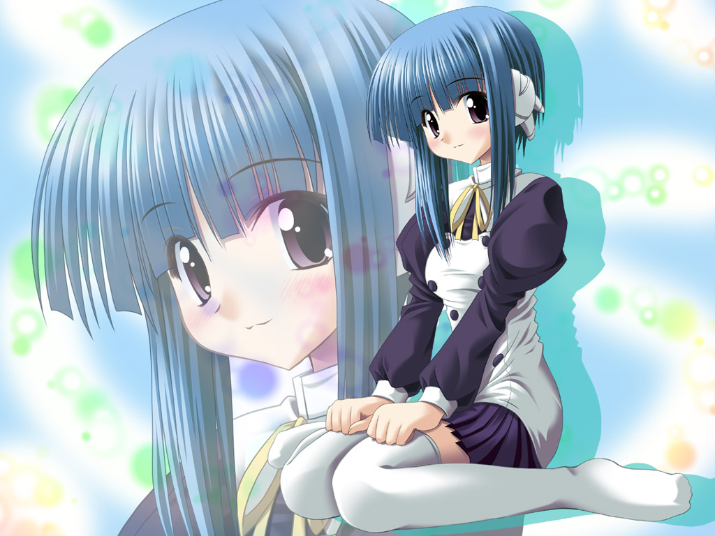 noritama (gozen), ilfa (to heart), to heart (series), to heart 2, 00s, 1girl, blue hair, buttons, feet, female focus, legs, purple eyes, ribbon, robot ears, short hair with long locks, sitting, skirt, solo, thighhighs, white thighhighs, zettai ryouiki, zoom layer
