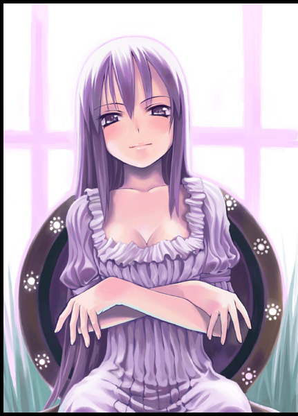 kamizakura, original, 1girl, breasts, chair, cleavage, crossed arms, dress, female focus, frilled dress, frills, long hair, purple hair, sitting, solo, very long hair, window