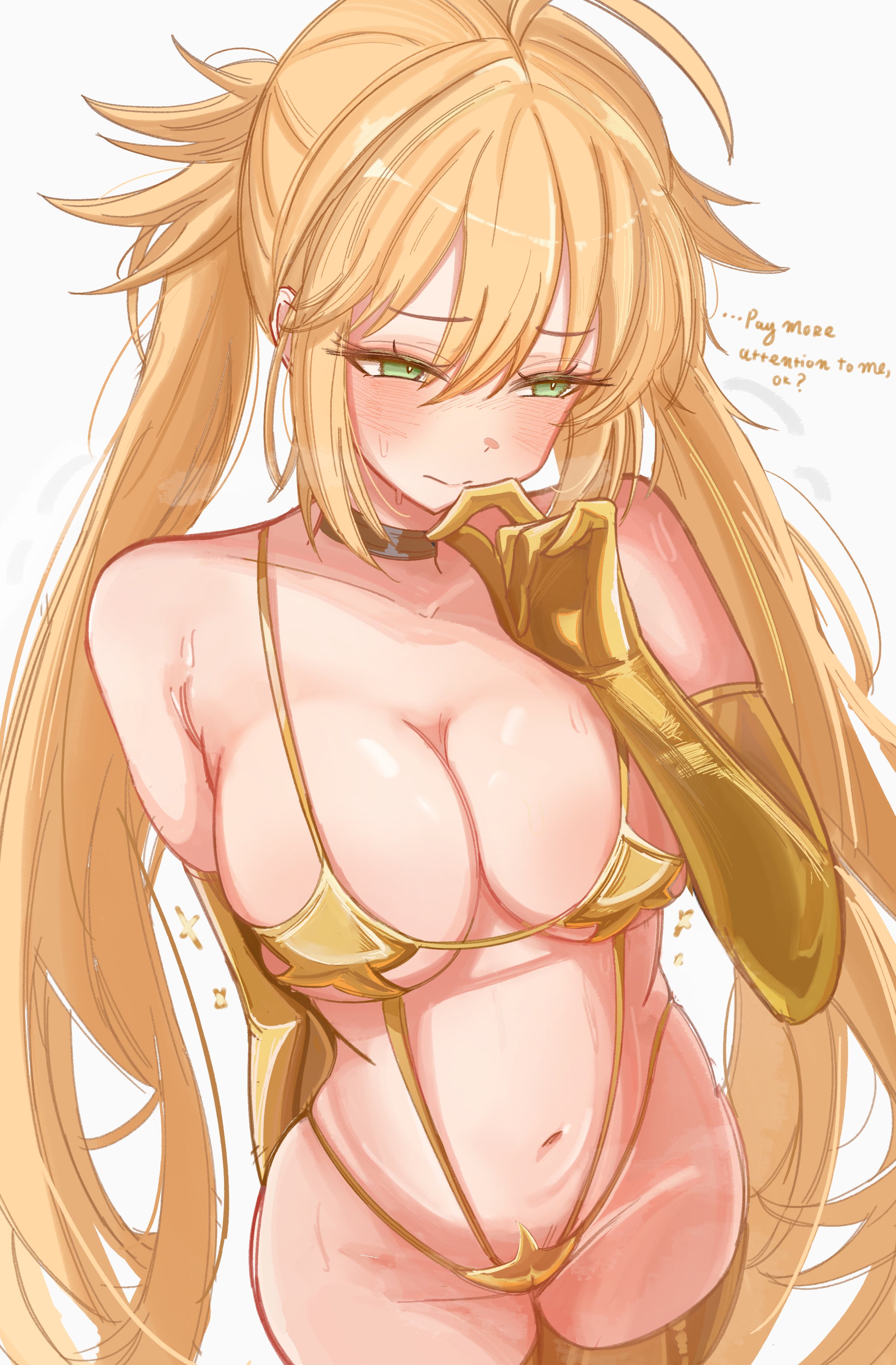 0nineo9, artoria caster (fate), artoria pendragon (fate), fate/grand order, fate (series), absurdres, highres, 1girl, bikini, blonde hair, blush, breasts, cleavage, elbow gloves, embarrassed, gloves, gold bikini, gold gloves, gold thighhighs, green eyes, hand up, long hair, medium breasts, solo, swimsuit, twintails