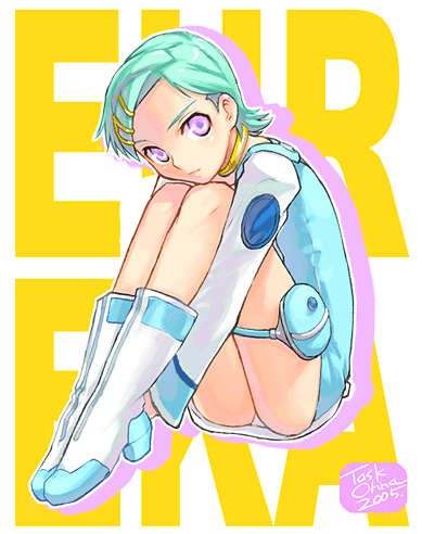 task owner, eureka (eureka seven), eureka seven, eureka seven (series), lowres, 00s, 1girl, boots, female focus, green hair, hair ornament, hairclip, hugging own legs, legs together, purple eyes, solo, thigh strap, white boots