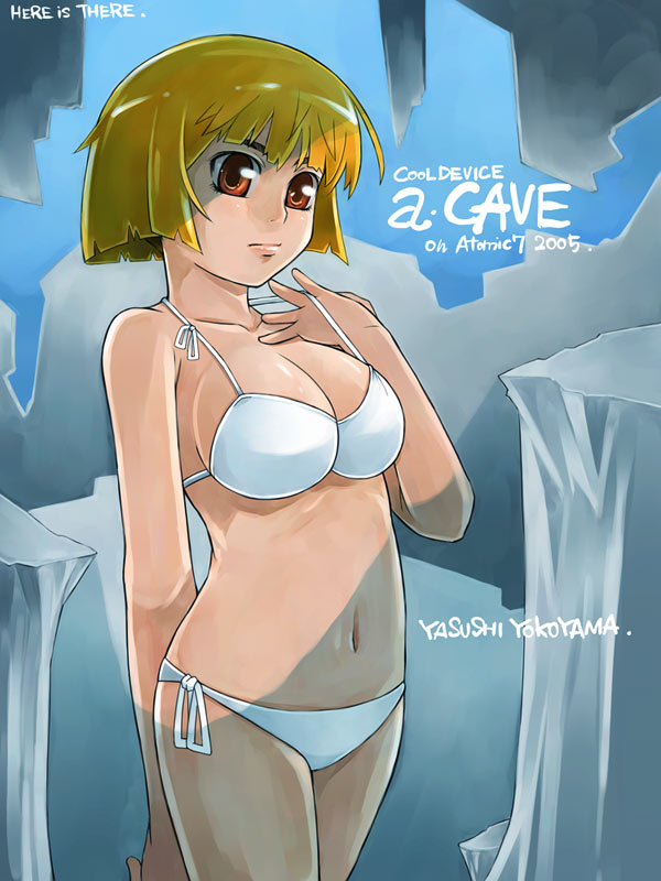 yokoyama yasushi, original, 1girl, arm behind back, artist name, bikini, blonde hair, breasts, brown eyes, collarbone, cowboy shot, cropped legs, english text, female focus, hand up, ice, looking at viewer, navel, short hair, side-tie bikini bottom, solo, string bikini, swimsuit, white bikini