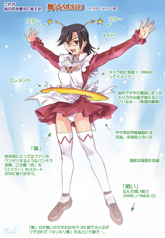 maruto!, chie hallard, my-otome, brown footwear, partially translated, translation request, 00s, 1girl, apron, black-framed eyewear, black hair, clothes lift, dress, dress lift, female focus, frilled apron, frills, garderobe uniform, glasses, open mouth, panties, print apron, print thighhighs, red dress, red eyes, signature, solo, thighhighs, underwear, white apron, white panties, white thighhighs, wind, wind lift