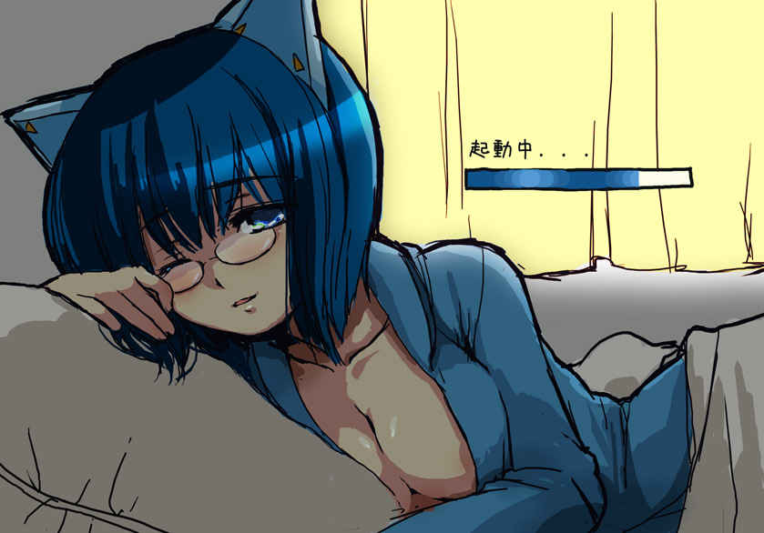 2k-tan, os-tan, translation request, 1girl, blue eyes, blue hair, breasts, cleavage, curtains, facing viewer, female focus, glasses, indoors, looking at viewer, no bra, one eye closed, open clothes, open shirt, pajamas, parted lips, pillow, progress bar, shirt, short hair, sleepy, solo