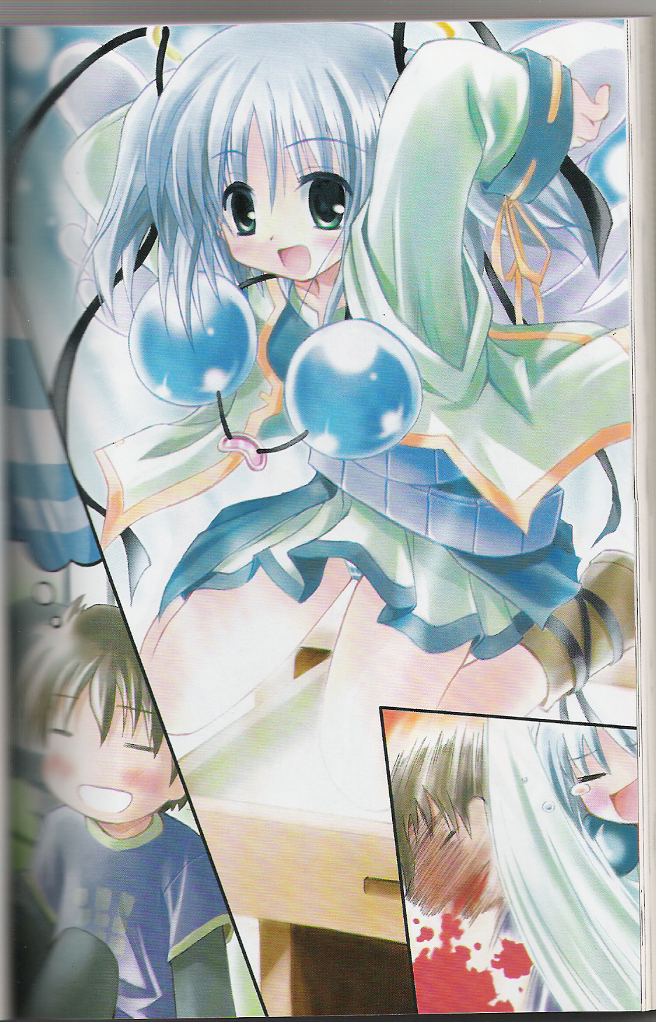 kusakabe sakura, mitsukai dokuro, bokusatsu tenshi dokuro-chan, highres, scan, 00s, 1boy, 1girl, angel, blue hair, green eyes, panties, striped clothes, striped panties, underwear, wings