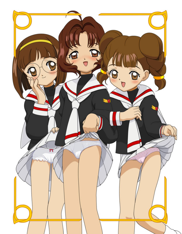 mihara chiharu, sasaki rika, yanagisawa naoko, cardcaptor sakura, artist request, 1990s (style), 3girls, blush, brown hair, clothes lift, glasses, lifting own clothes, loli, multiple girls, panties, retro artstyle, school uniform, serafuku, skirt, skirt lift, tomoeda elementary school uniform, tomoeda middle school uniform, underwear