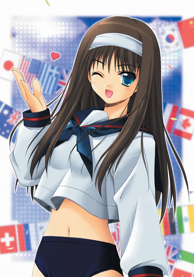 tohno akiha, tsukihime, 00s, 1girl, american flag, aqua eyes, australian flag, black hair, blue eyes, buruma, canadian flag, dutch flag, female focus, flag, flags of all nations, german flag, greek flag, gym uniform, hairband, italian flag, japanese flag, long hair, one eye closed, people's republic of china flag, russian flag, school uniform, serafuku, solo, string of flags, swiss flag, union jack