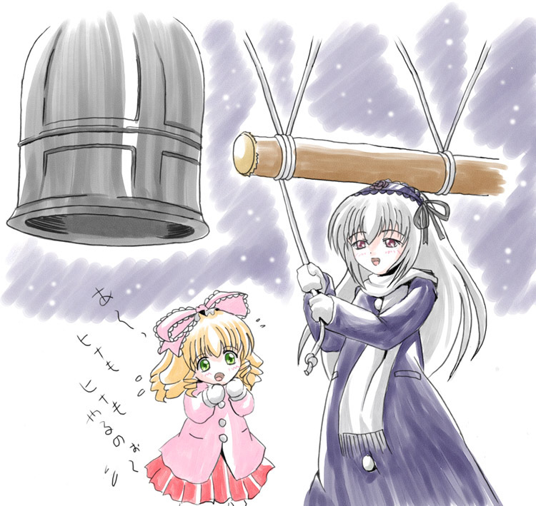 imai kazunari, hinaichigo, suigintou, rozen maiden, silver hair, translated, 00s, 2girls, bell, blonde hair, bow, grey background, multiple girls, pink bow, scarf, simple background