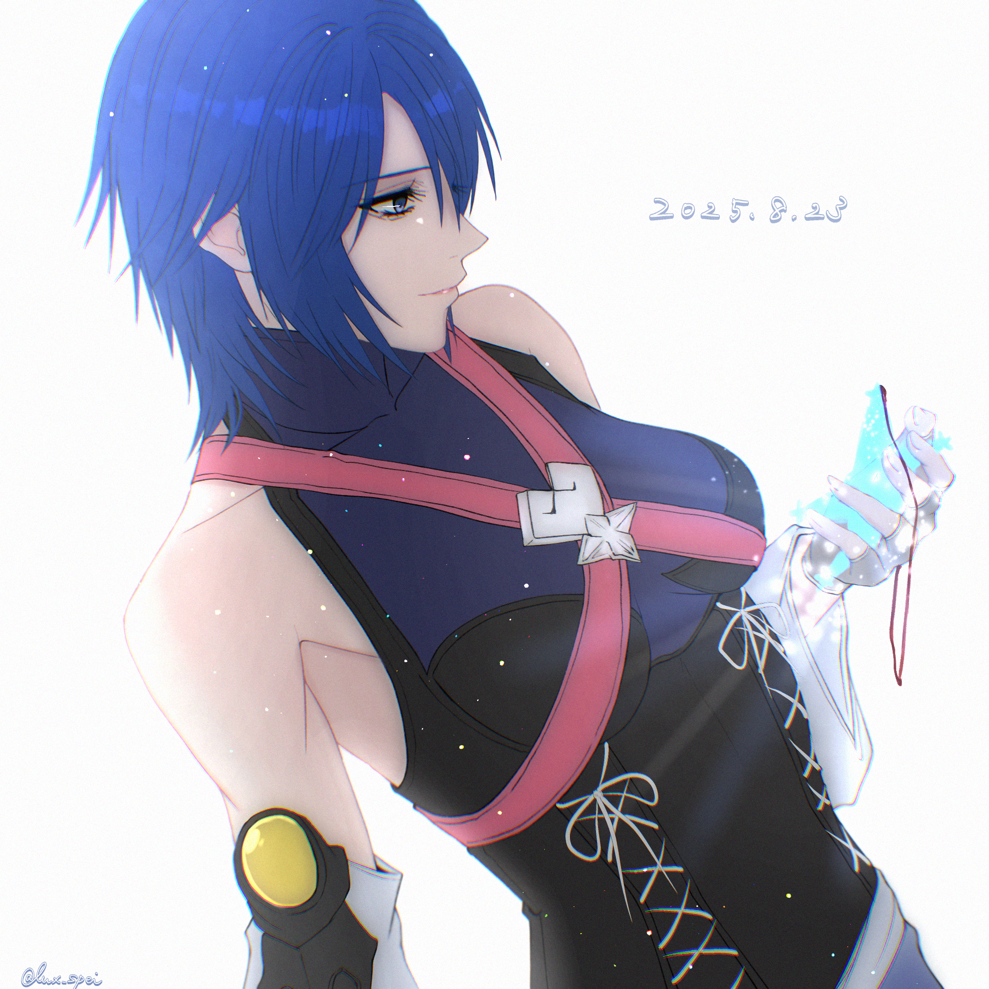 lux spei, aqua (kingdom hearts), kingdom hearts, highres, 1girl, blue eyes, blue hair, dated, holding, solo focus, white background