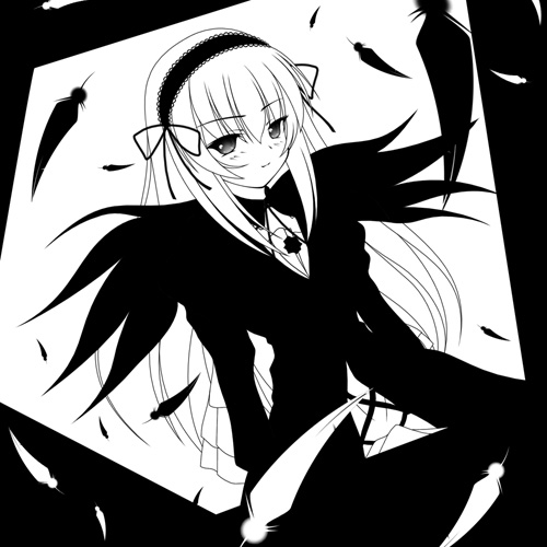 suigintou, rozen maiden, lowres, 00s, 1girl, female focus, greyscale, high contrast, monochrome, simple background, solo, white background