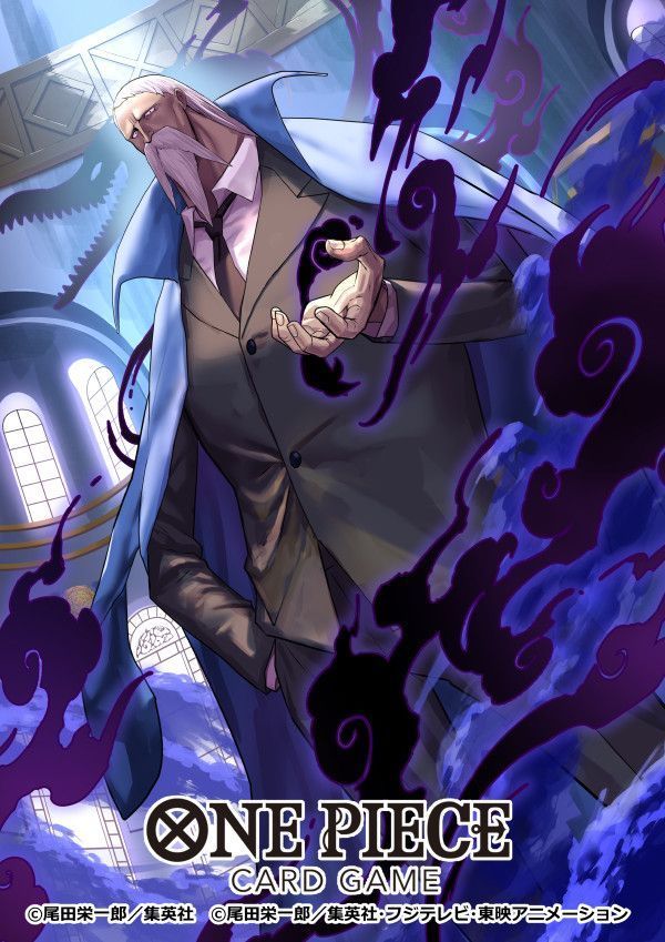 adachi yousuke, marcus mars, one piece, one piece card game, commentary request, official art, 1boy, beard, black jacket, black necktie, black smoke, black suit, coat, coat on shoulders, copyright name, dutch angle, facial hair, formal clothes, hair slicked back, hand in pocket, jacket, long beard, long hair, male focus, necktie, solo, suit, white hair