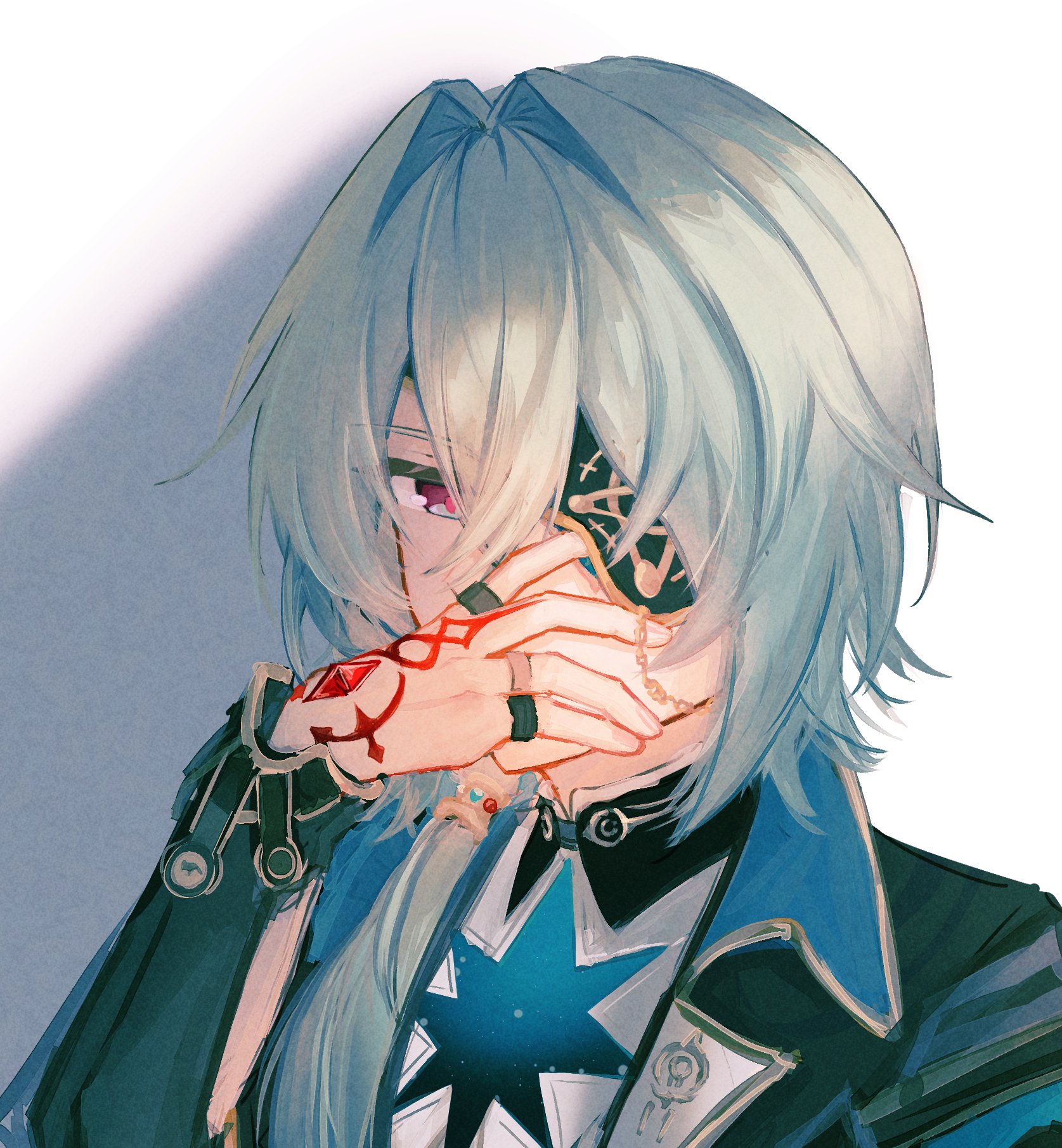 nilre takoi, anaxa (honkai: star rail), honkai: star rail, honkai (series), highres, 1boy, aqua hair, black jacket, blue eyes, chain, covered mouth, eyepatch, hair between eyes, hair intakes, hand tattoo, hand up, jacket, jewelry, lapels, looking at viewer, male focus, mandarin collar, medium hair, multicolored eyes, multiple rings, notched lapels, one eye covered, pink eyes, pink pupils, red tattoo, ring, shadow, shirt, solo, tattoo, two-tone eyes, white background, white shirt