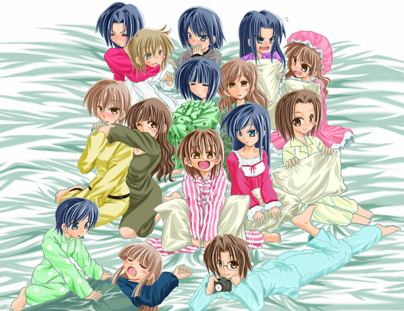 fukuzawa yumi, hasekura rei, hosokawa kanako, katou kei, matsudaira touko, mizuno youko, nijou noriko, ogasawara sachiko, satou sei, shimazu yoshino, takeshima tsutako, torii eriko, toudou shimako, maria-sama ga miteru, 00s, 6+girls, bad anatomy, bonnet, camera, everyone, glasses, hat, multiple girls, pajamas, pillow, poorly drawn, sleepover