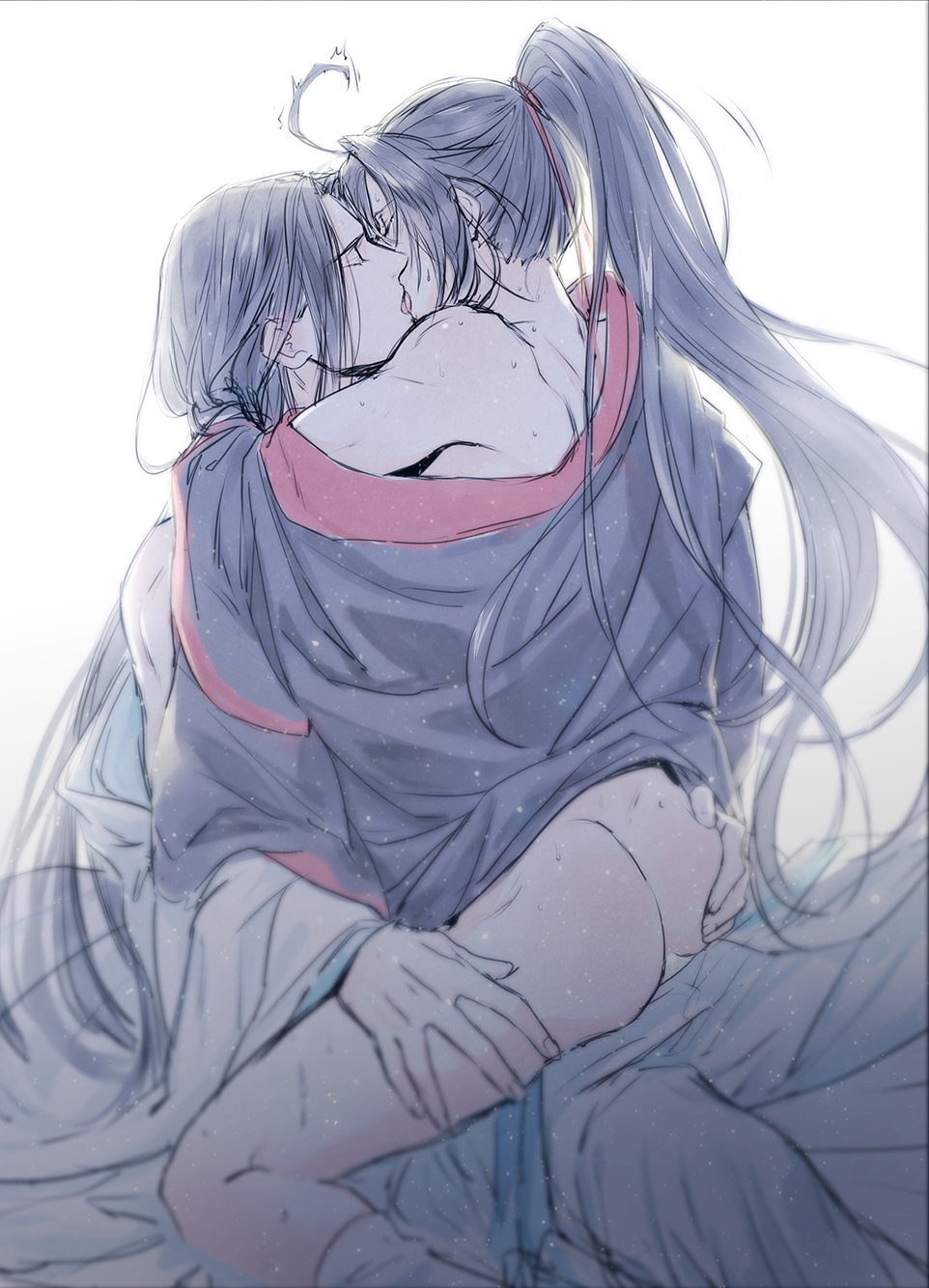 drenbof, lan wangji, wei wuxian, modao zushi, chinese commentary, highres, 2boys, ahoge, anal, ass, black hair, black hanfu, blush, bottomless, chinese clothes, closed eyes, french kiss, grabbing another's ass, groping, hair ribbon, hand on another's ass, hand on another's thigh, hanfu, hug, kiss, light particles, long hair, long sleeves, male focus, male penetrated, multiple boys, off shoulder, open clothes, open robe, pants, ponytail, red ribbon, ribbon, robe, sex, sidelocks, simple background, single bare shoulder, sitting, sitting on lap, sitting on person, socks, straddling, sweat, tongue, tongue out, trembling, upright straddle, very long hair, white background, white hanfu, white pants, white socks, wide sleeves, yaoi