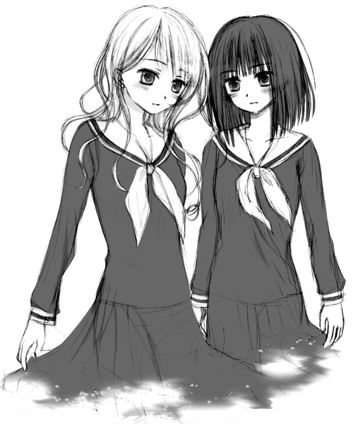 ayase toworu, nijou noriko, toudou shimako, maria-sama ga miteru, 00s, 2girls, greyscale, monochrome, multiple girls, school uniform, serafuku, simple background, skirt, standing, white background