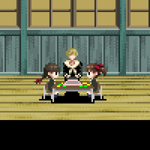 fukuzawa yumi, hasekura rei, shimazu yoshino, clock tower: the first fear, clock tower (series), clocktower, maria-sama ga miteru, animated, animated gif, lowres, translation request, > <, 1990s (style), 3girls, ?, age difference, arms up, black hair, blonde hair, braid, chair, child, closed eyes, faceless, indoors, long hair, looking at another, multiple girls, parody, pixel art, profile, puzzle, retro artstyle, school uniform, serafuku, shadow, short hair, short twintails, single braid, sitting, table, twintails, wooden floor