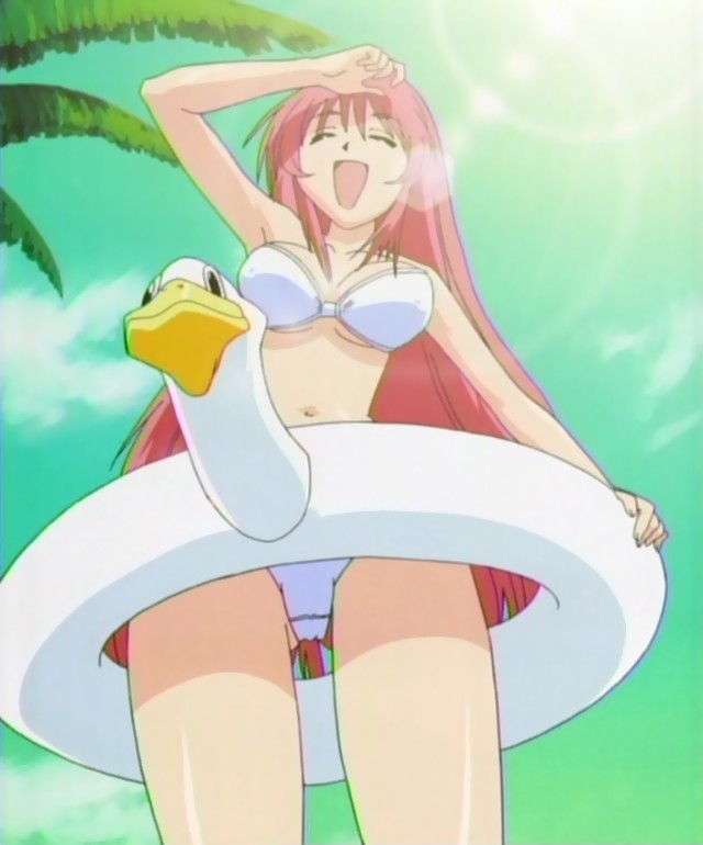asuka yayoi, koi koi 7, anime screenshot, stitched, third-party edit, 00s, 1girl, beach, bikini, breasts, closed eyes, cloud, day, dot nose, female focus, from below, innertube, long hair, navel, open mouth, outdoors, palm tree, red hair, shading eyes, sky, smile, solo, standing, sunlight, swim ring, swimsuit, tree, very long hair