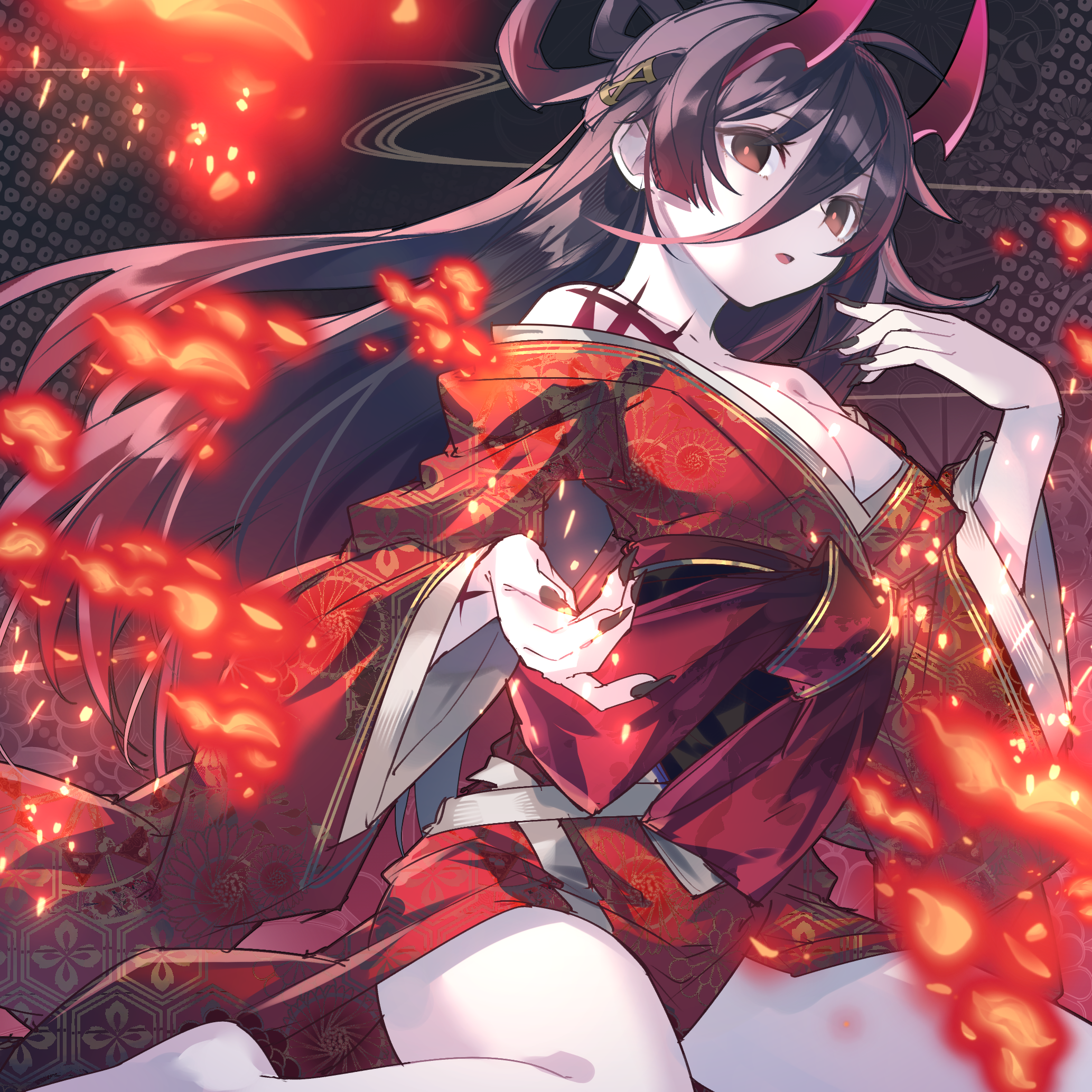 kuuron (moesann17), izanami (p&d), puzzle & dragons, highres, 1girl, brown eyes, brown hair, fire, hair ornament, horns, japanese clothes, kimono, long hair, looking at viewer, off shoulder, red kimono, ribbon, solo, thighs