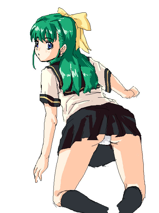 star (starpage), onodera karen, onegai twins, 00s, 1girl, ass, bent over, blue eyes, bow, female focus, green hair, kneeling, loli, panties, pantyshot, pleated skirt, school uniform, serafuku, simple background, skirt, solo, underwear, white panties