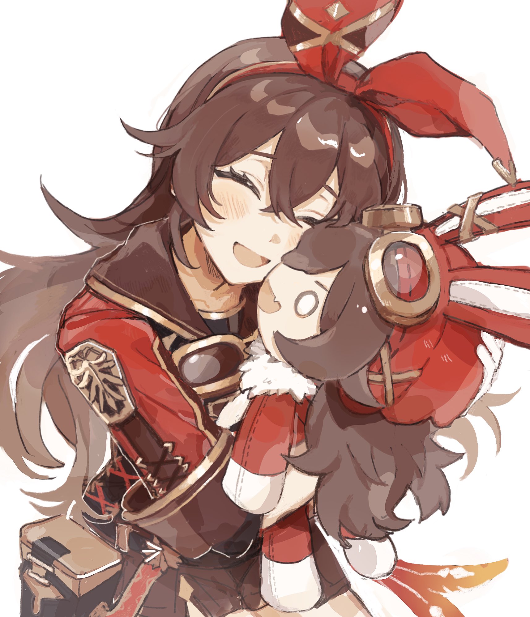 amber (genshin impact), baron bunny (genshin impact), genshin impact, highres, 1girl, brown hair, closed eyes, cropped jacket, doll, goggles, hair ribbon, hugging doll, hugging object, jacket, l0veburst, long hair, open mouth, red jacket, red ribbon, ribbon, simple background, smile, solo, upper body, white background